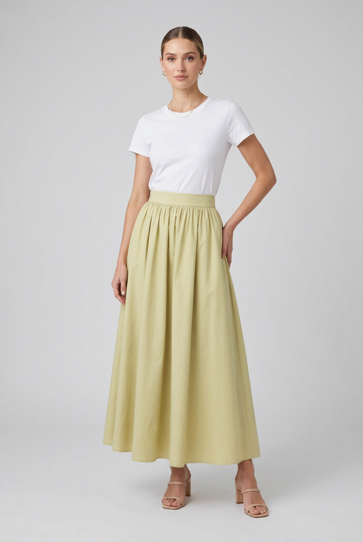 Model wearing Pistachio | Gathered Maxi Skirt
