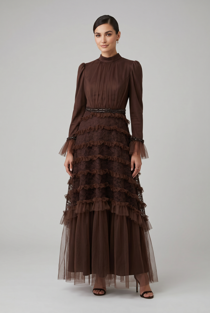 Model wearing Octavia | Tiered Tulle &amp; Lace Ruffle Evening Gown