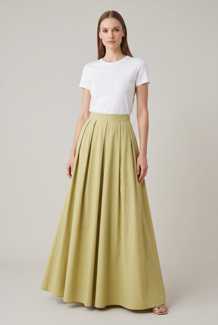 Model wearing Celery | Pleated Maxi Skirt
