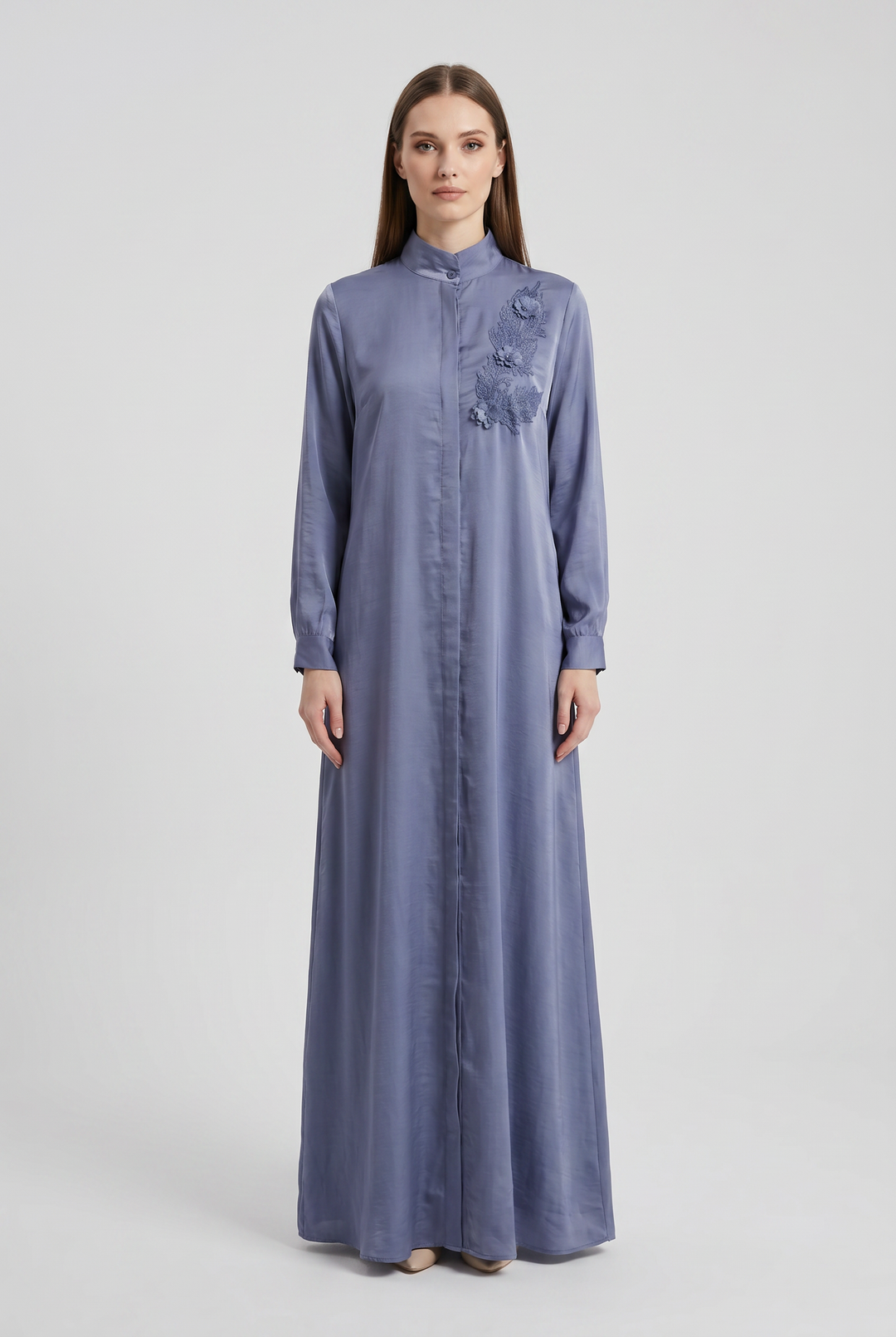 Azura 3D floral appliqué satin maxi dress