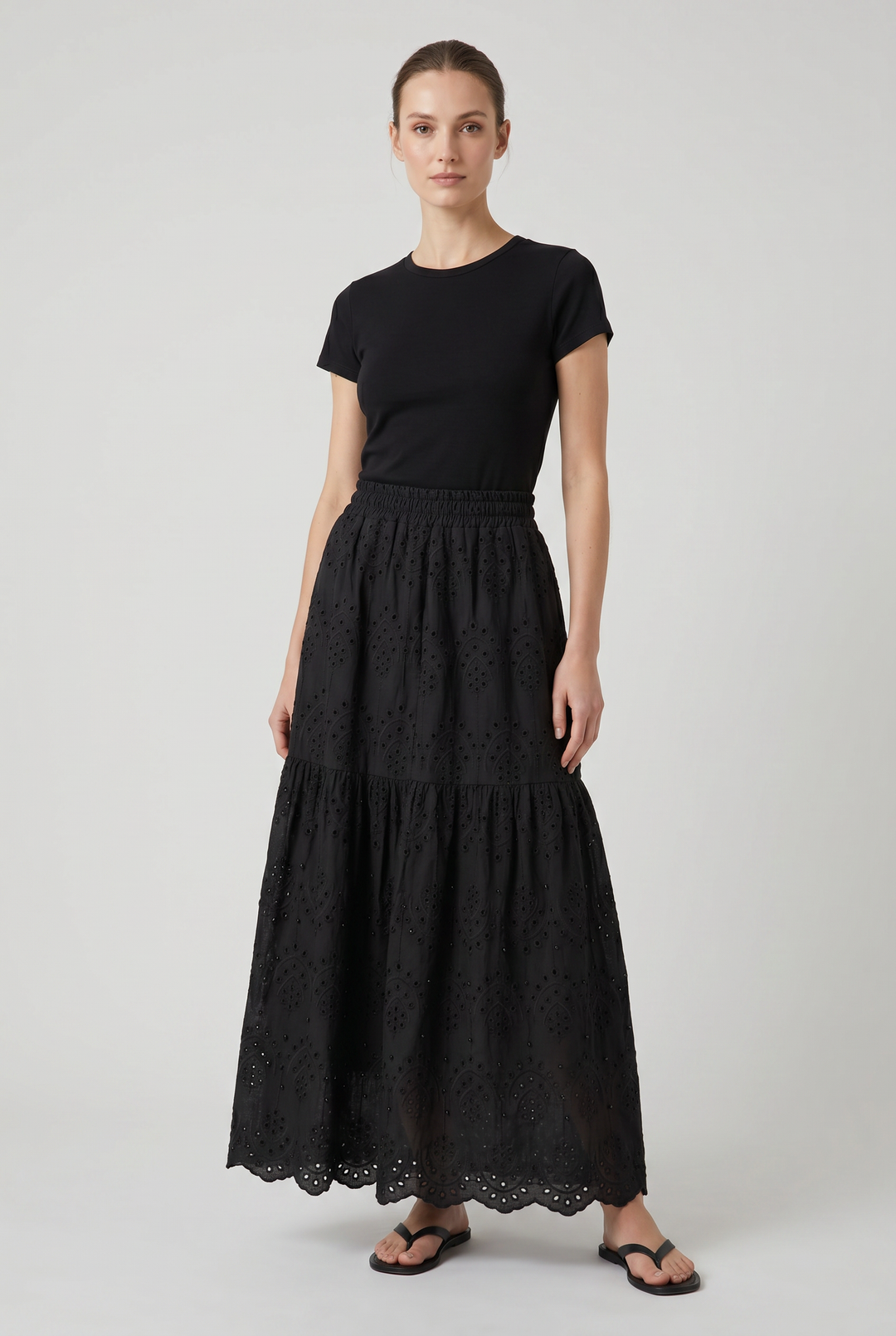 Model wearing Mira | Eyelet Tiered Skirt