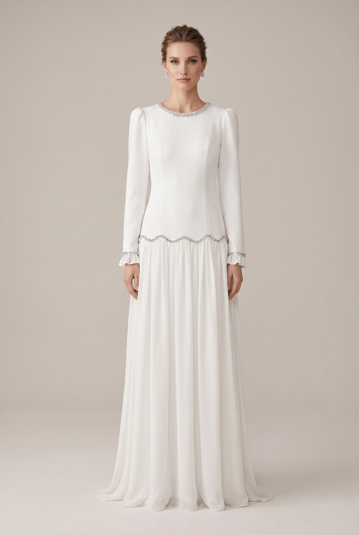 Model wearing Aurelia | Crystal Trim Drop Waist Bridal Evening Gown