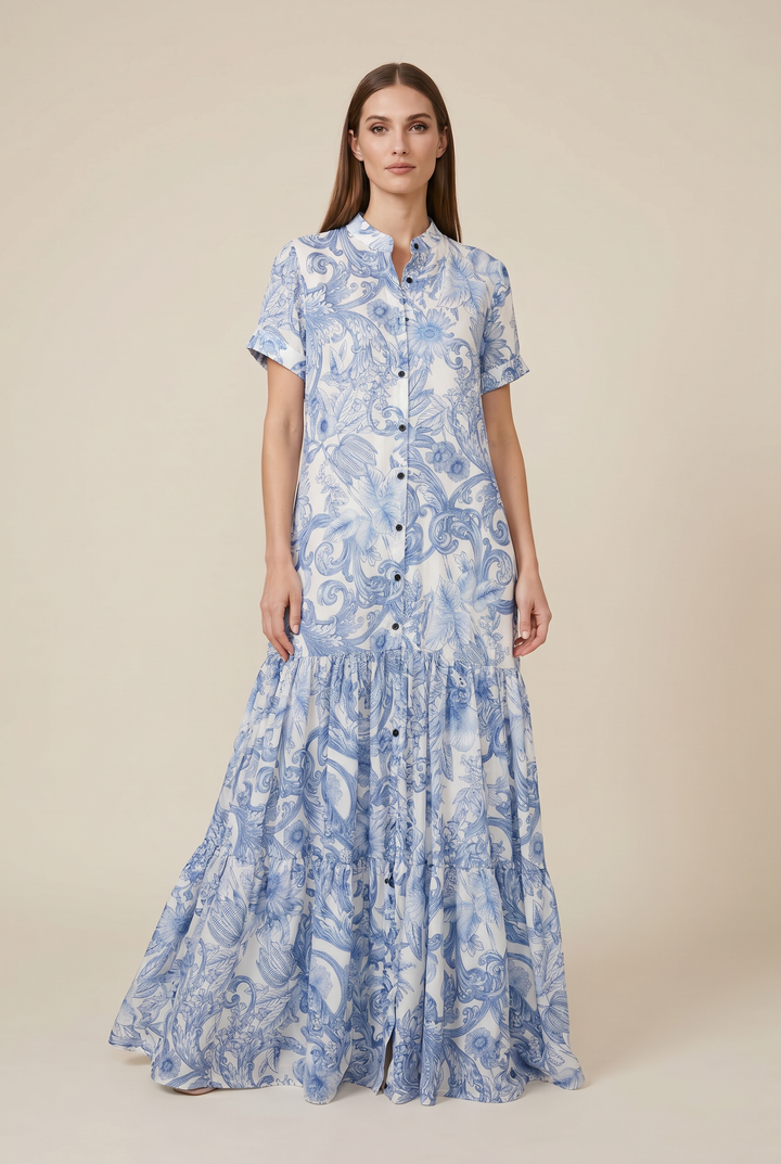Model wearing Cornflower floral shirt dress
