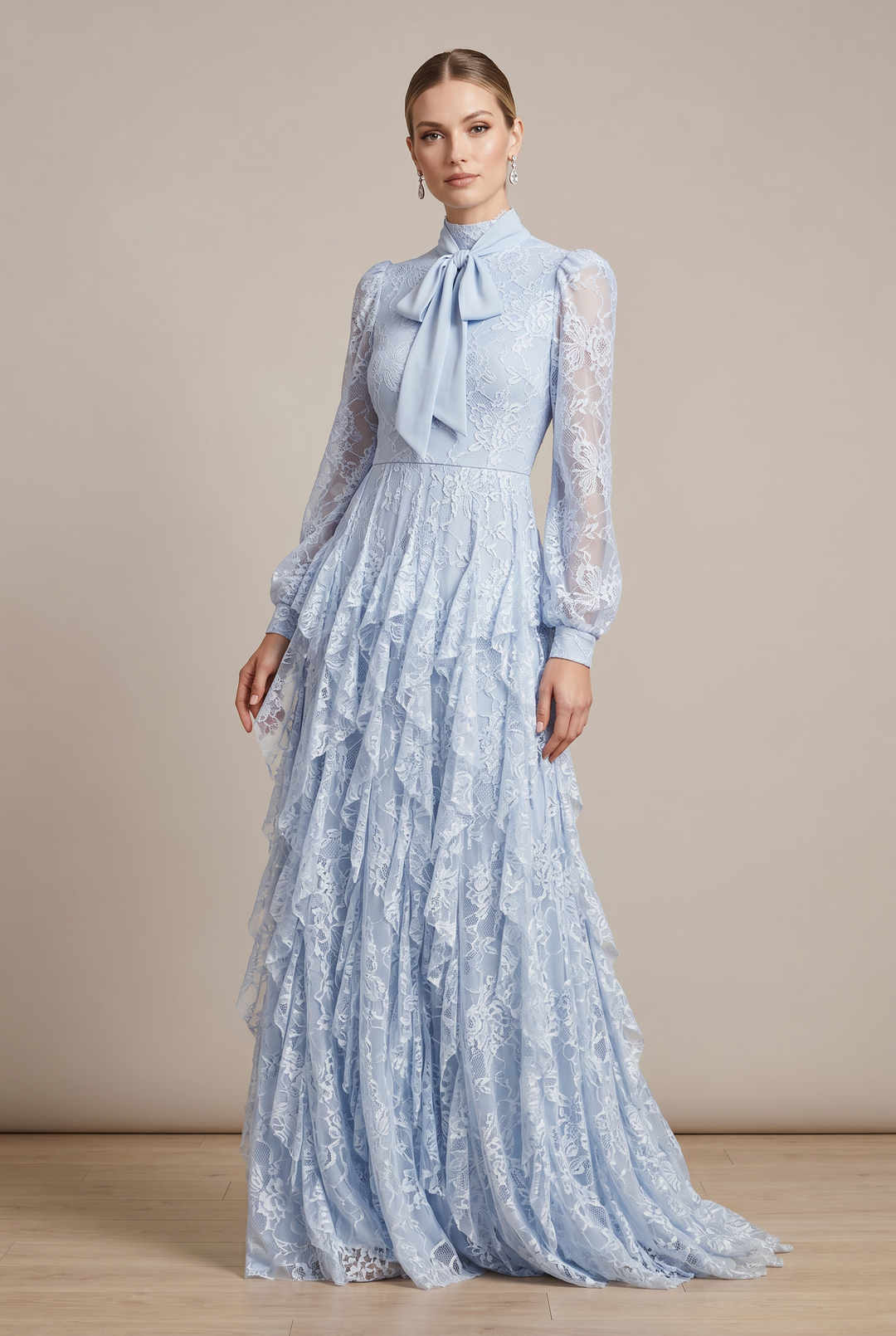 Model wearing Odette | Floral Lace Tiered Evening Gown