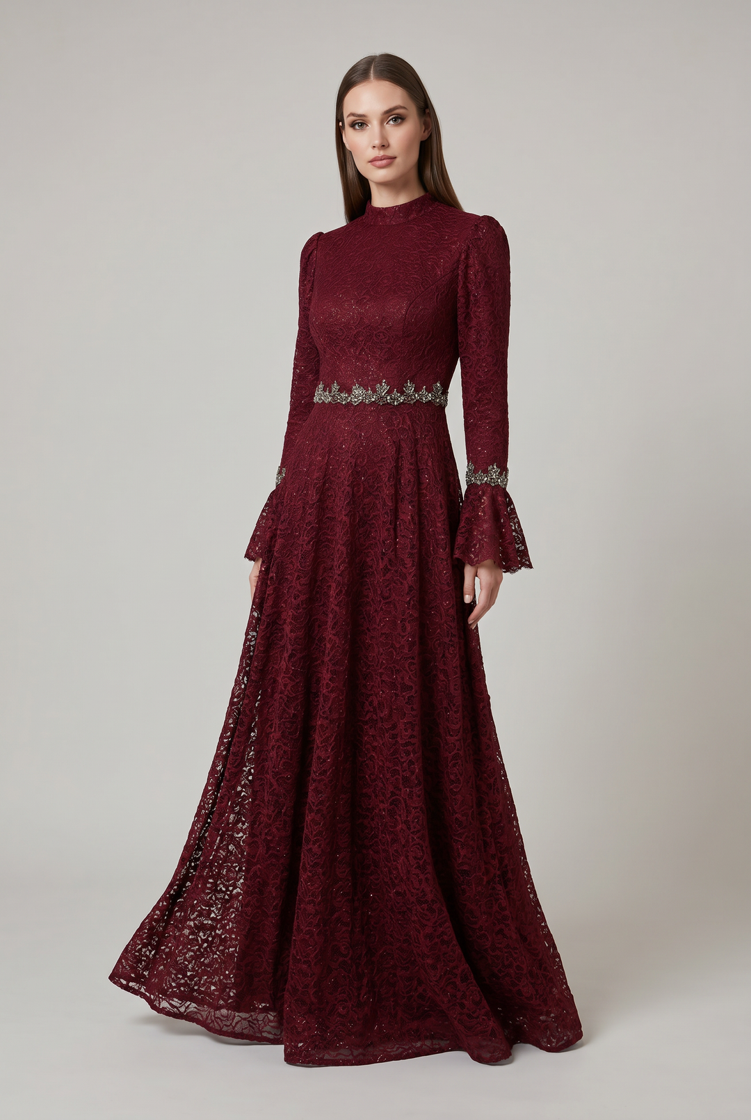 Model wearing Cordelia | Lace Embellished Evening Gown