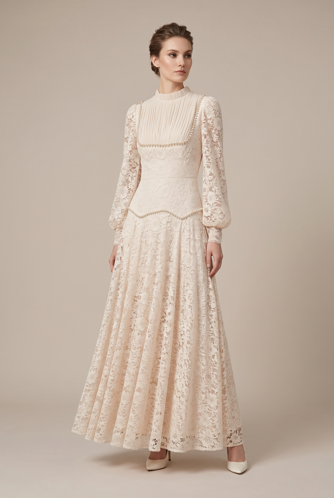 Model wearing Adriana | Beaded Lace Empire Evening Gown
