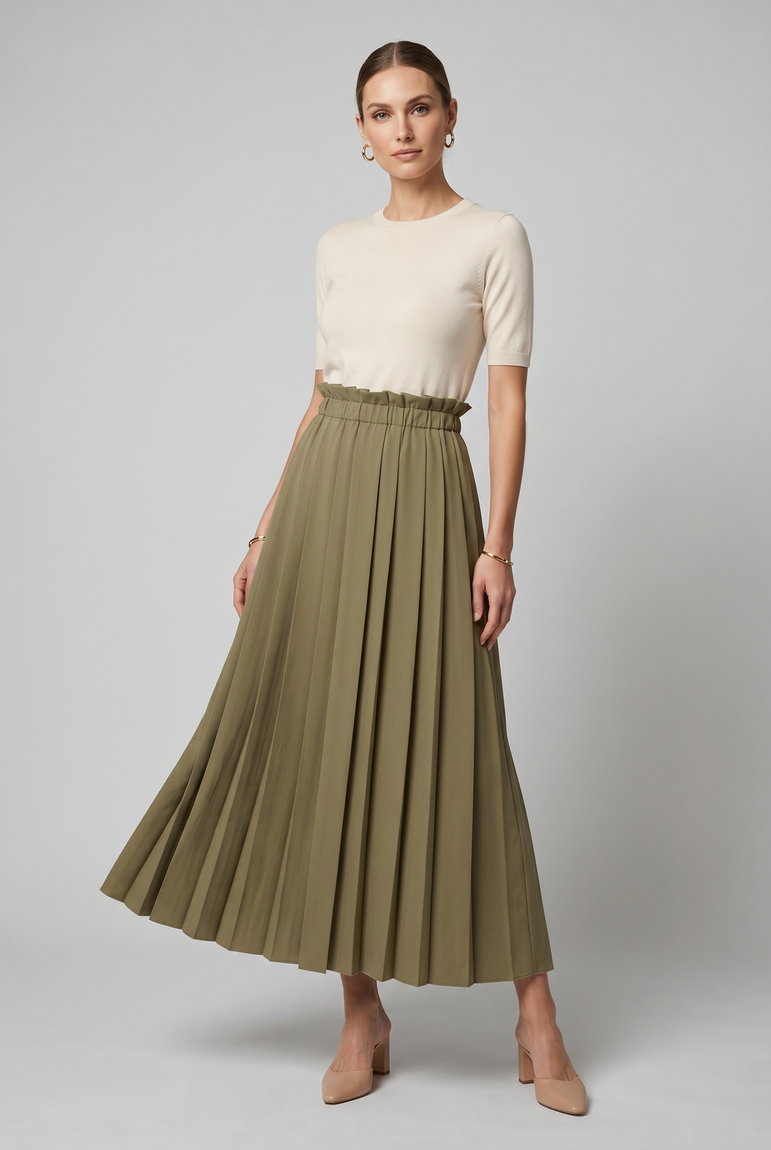 Model wearing Reed | Accordion Pleated Maxi Skirt