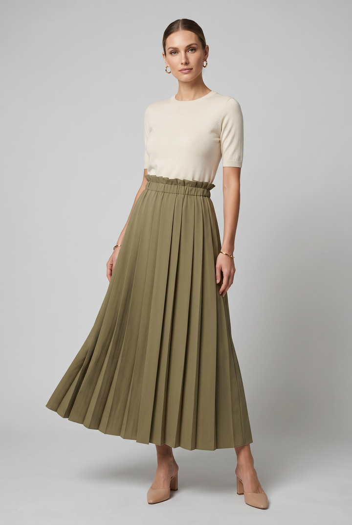 Model wearing Reed | Accordion Pleated Maxi Skirt