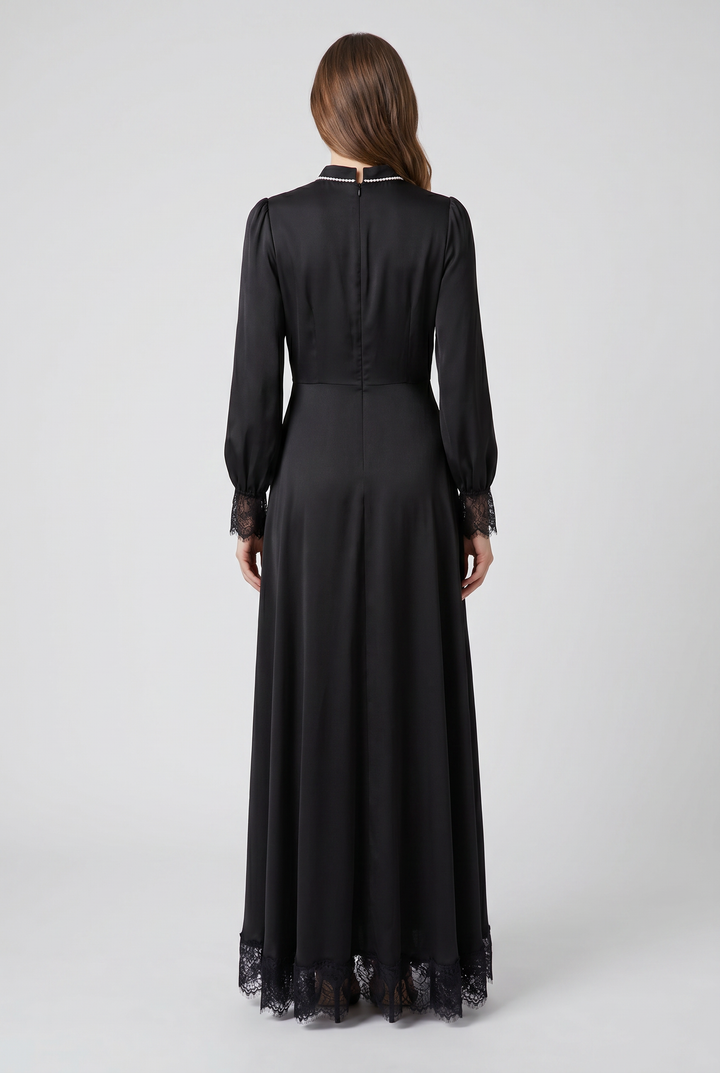 Belladonna | Satin Crepe Block Crystal Collar Evening Gown back view